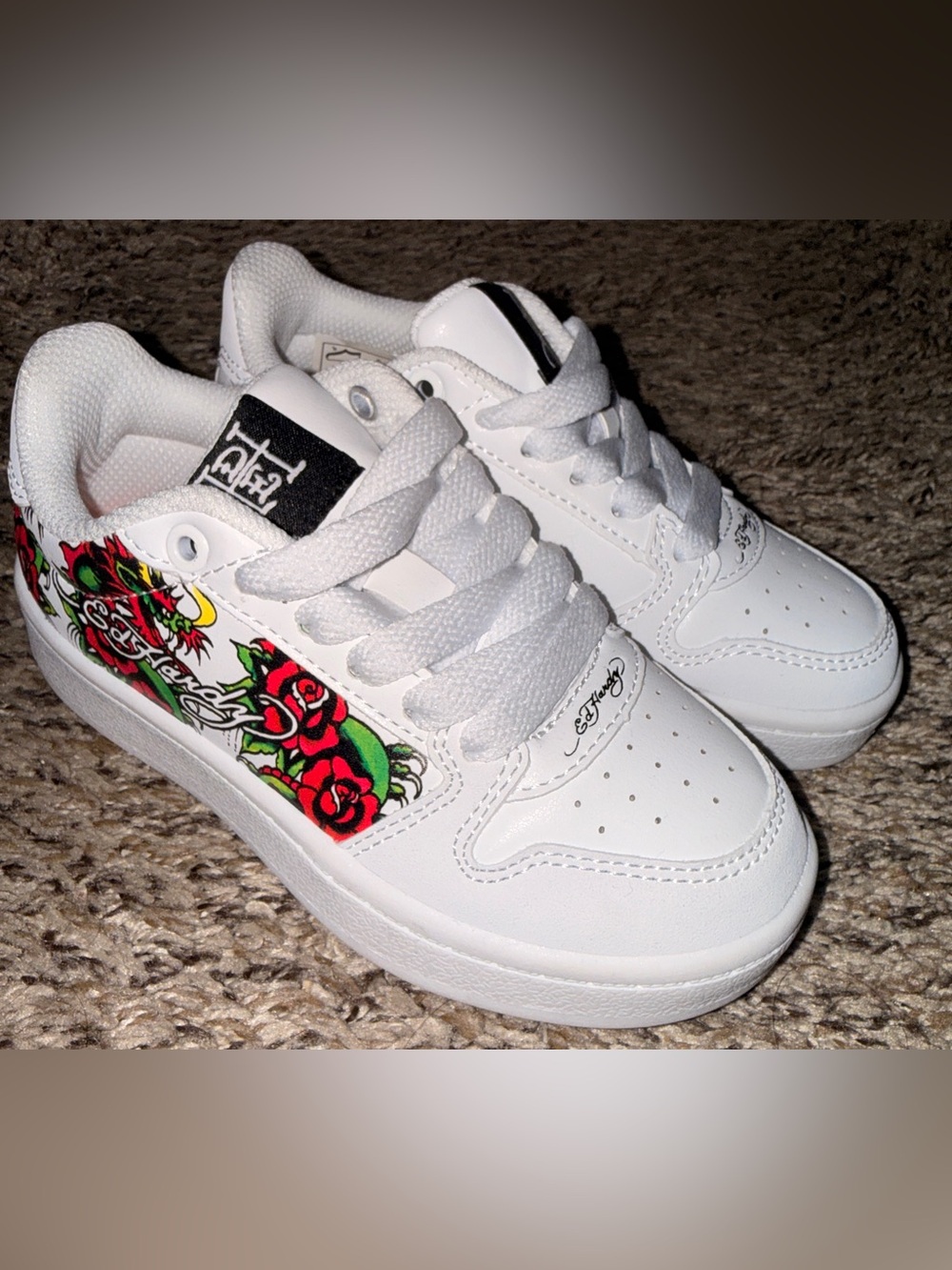 Ed Hardy White Kids Sneakers with Red & Green Rose Design